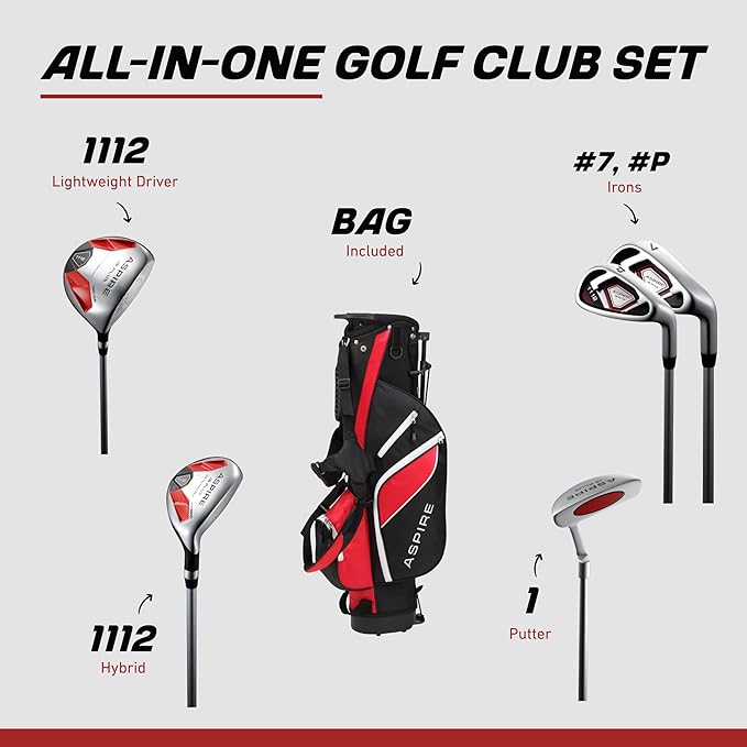 Aspire Junior Plus Kids Golf Clubs – Boys’ & Girls’ Right-Handed Golf Set with Lightweight Stand Bag, Graphite Shafts & Aircraft-Grade Aluminum Clubs