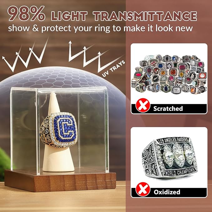 JupDec Championship Ring Display Case, Clear Acrylic Single Ring Holder with Wood Stand Base for Sports Basketball Baseball Fan Souvenirs Military, UV Protection