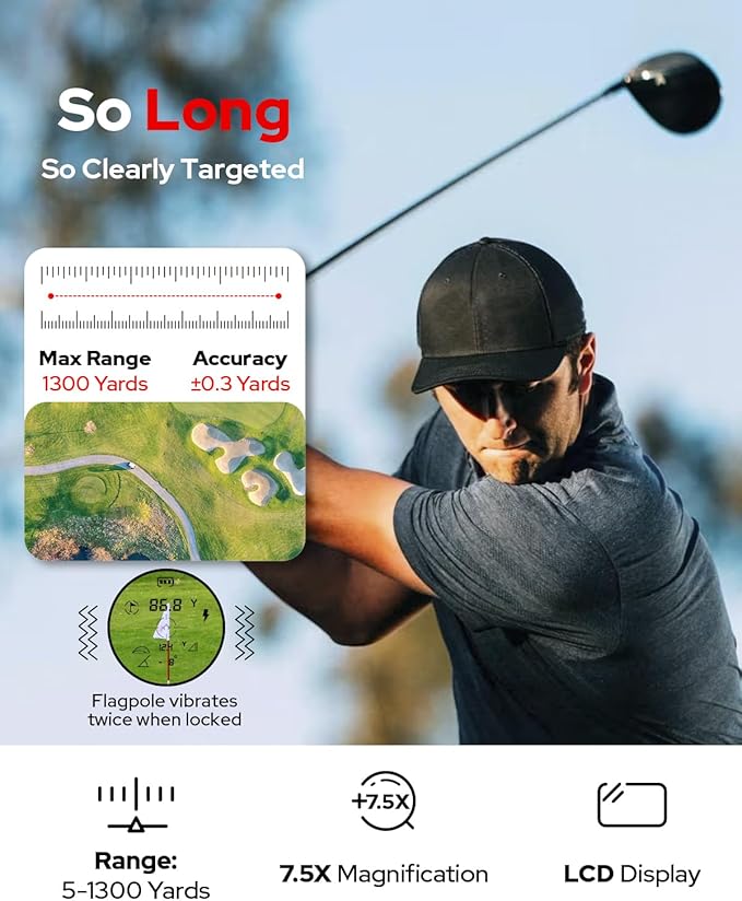 GF2 Golf Rangefinder with Slope, 1300 Yards Laser Range Finder, 7.5X Magnification, Flag Pole Locking Vibration 0.3 Yard Accuracy, Rechargeable Magnetic Golf Accessories Gift for Men Women