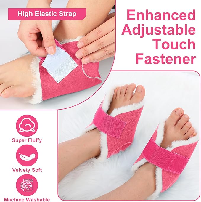 2 Pcs Heel Protectors for Pressure Sores Sheepskin Heel Pads Soft Foot Cushions Pad Protectors Adjustable Foot Pillows with Securing Strap for Bed Sore Ankle Ulcers (Pink)