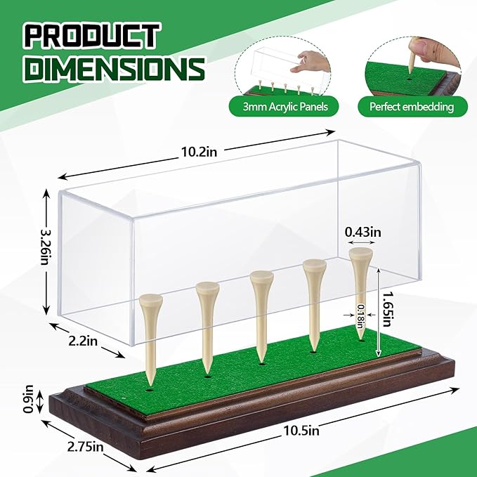 Golf Ball Display Case for 5 Balls Clear Acrylic Lid with Wooden Base and Tees, Memorabilia Stand Holder, Dustproof Transparent Storage Box for Golf Ball Collections Gifts Decor