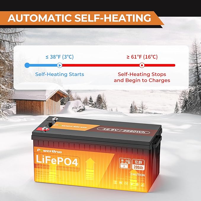 12V 200Ah Self-Heating LiFePO4 Lithium Battery with Smart APP, 4000+Cycle LiFePO4 Battery, Built-in 200A BMS, Wireless Real-Time Battery Monitor Function for RV, Marine, Off Grid Application