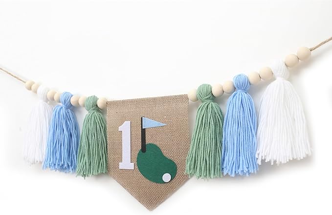 Golf Theme 1st Birthday Tassels High Chair Banner - Green Blue Golf Hole In One First Birthday Decorations