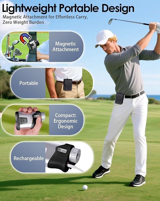 JUSTDOMI 1200 Yards Laser Range Finder Golf Magnetic, 7X Magnification Golf Rangefinder with Slope, Laser Rangefinder for Golf Hunting Archery Distance Finder Rechargeable & Flag Lock Vibration