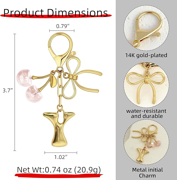 Gold Bubble Heart, Cherry, Bow & More Designs Letter Initial Keychain Bag Charms – Cute Purse Charms for Handbags