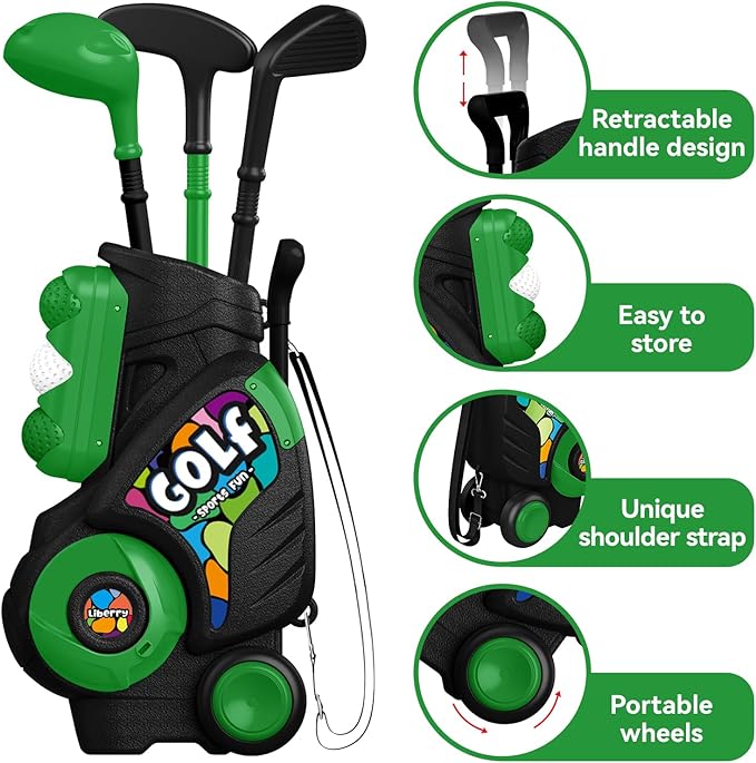 Liberry Toddler Golf Set for Ages 2 3 4 Boys Girls, Kids Golf Cart with Putting Mat & Cornhole Board, Outdoor Indoor Sports Toys Birthday Gifts, Black
