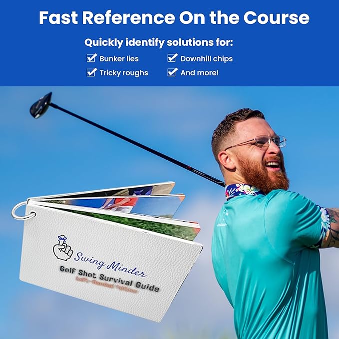 Swing Minder Golf Reference Cards - Step-by-Step Instructions for 33 of Golf's Hardest Shots - Ideal Golf Gifts for Men or Golf Bag Accessories - Waterproof PVC and Sturdy Carabiner for Easy Use
