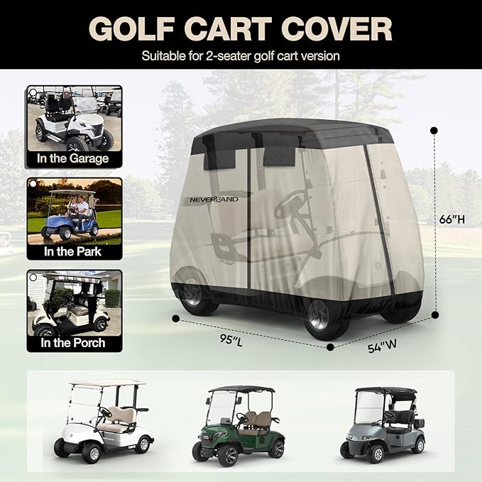 NEVERLAND Golf Cart Cover 2 Passenger - Outdoor Waterprood Golf Cart Covers, 420D Club Car Golf Cart Covers With Air Vent&Zipper Compatible with EZGO Yamaha Club Car 2 Seat (Up to 95 Inch)Black+Brown