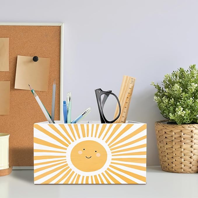 Boho Sunshine Pen Holder for Desk, Boho Classroom Decor Pencil Organizer, Cute Orange Yellow Sun Wooden Box Sign Desk Decor for Kids Room Nursery Playroom Classroom Decoration