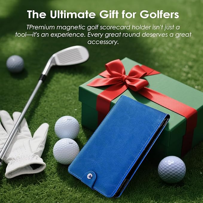 All-in-One Magnetic Golf Scorecard Holder Yardage Book Cover, Premium Leather Scorecard Holder, Universal Fit for Scorecards, Sleek Design for Back Pocket Convenience Blue
