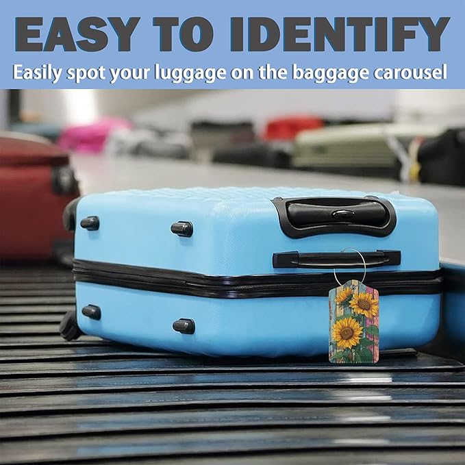 Set of 3 Luggage Tags, Sunflowers Leather Suitcases Tag Identifiers with Privacy Name Address Labels & Durable Steel Loop for Women Men Travel