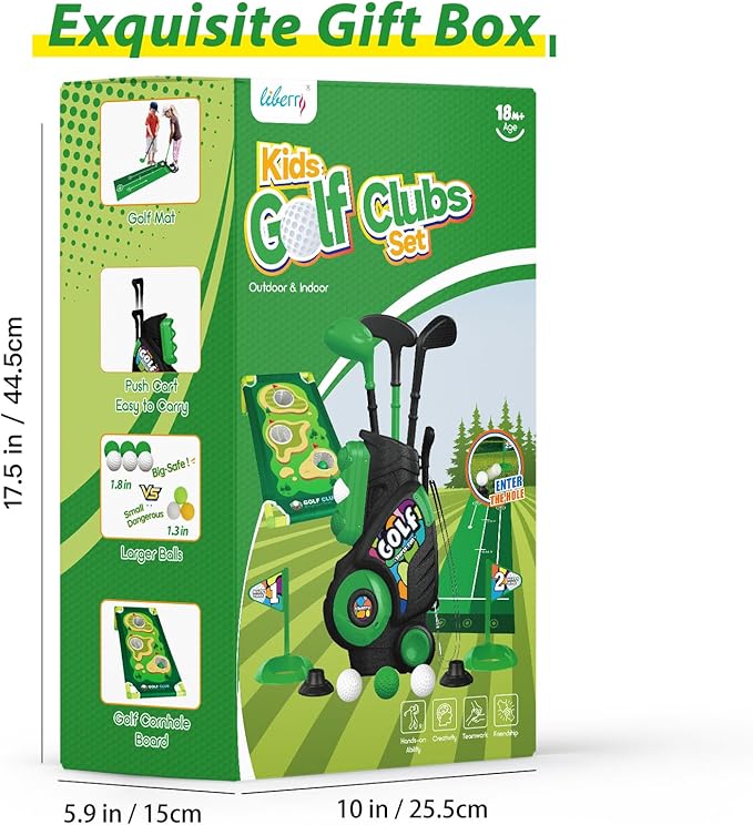 Liberry Toddler Golf Set for Ages 2 3 4 Boys Girls, Kids Golf Cart with Putting Mat & Cornhole Board, Outdoor Indoor Sports Toys Birthday Gifts, Black