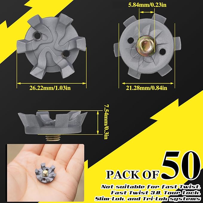 Shappy 51 Pcs Golf Shoe Spikes Replacements Set 50 Golf Shoe Cleats with 1 Black Cleats Spanner Metal Thread Screw 5.84 mm Dia Replacement for Cricket