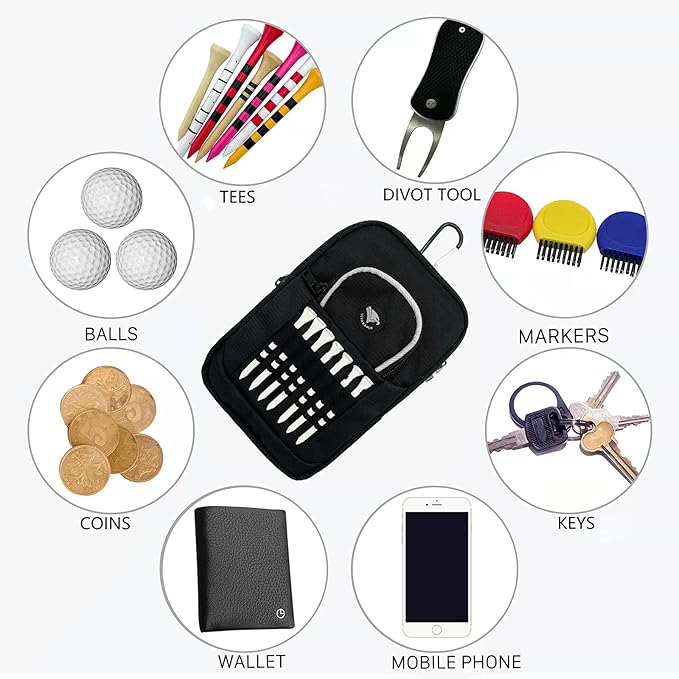 Golf Bag Pouch for Balls and Accessories | 3 Zipper Pockets | Detachable Clip | Store Up to 15 Balls | Front Tee Holder and 10 Bamboo Tees 3 1/4 in