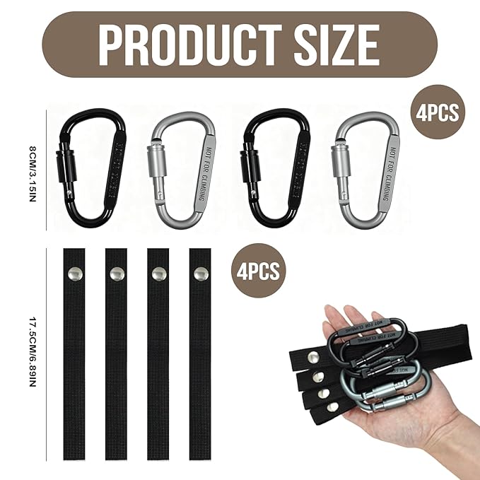 4 Pack Stroller Hooks, Carabiner Clips with Nylon Straps for Bicycle, Motorcycle, Wheelchair, Luggage, Scooter, Can be Used to Hang Diaper Bags, Helmets, Shopping Bags