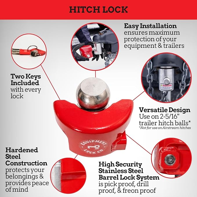 Equipment Lock Trailer Hitch Lock for 2 5/16” Ball Hitch - Hardened Steel Trailer Tongue Lock with Rust-Resistant Coating - Durable Boat, RV, Travel Trailer Coupler Lock (Keyed Differently)