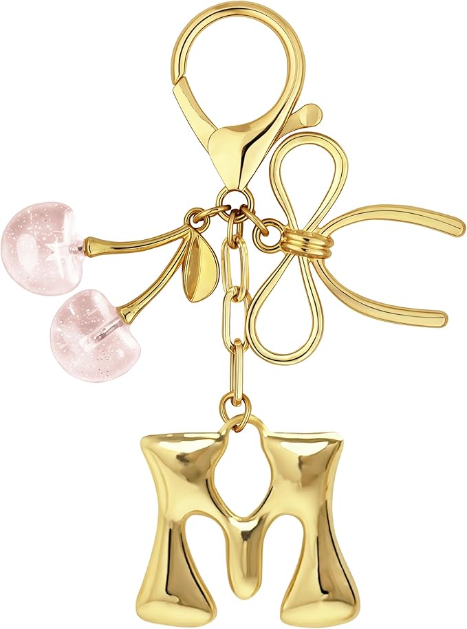 Gold Bubble Heart, Cherry, Bow & More Designs Letter Initial Keychain Bag Charms – Cute Purse Charms for Handbags
