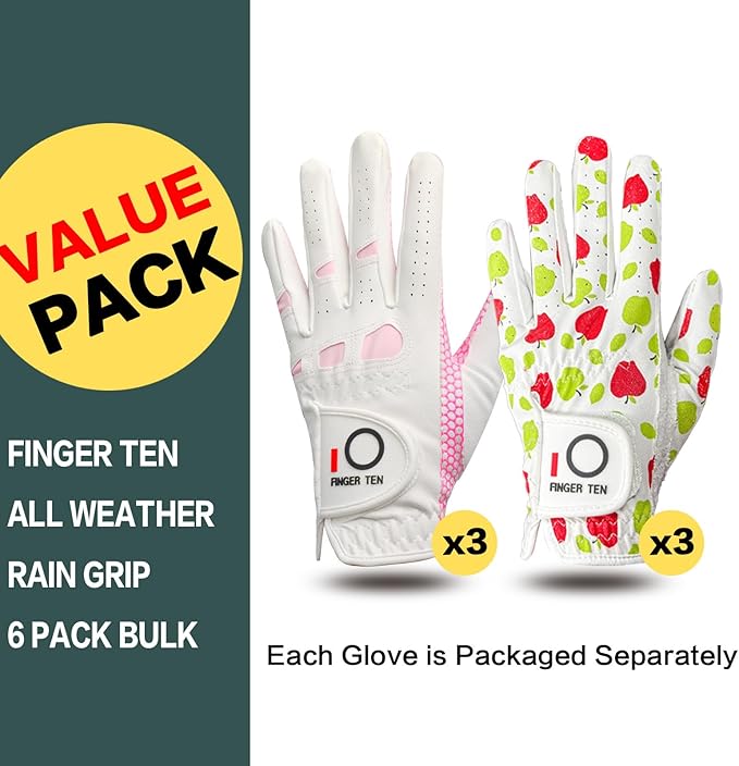 FINGER TEN Women’s Golf Gloves Ladies Left Hand Right Handed Golfer Value 6 Pack, All Weather Rain Grip Glove Pink Fit Small Medium Large XL