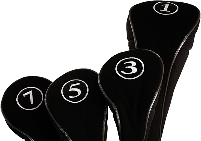 Black Golf Zipper Head Covers Driver 1 3 5 7 Fairway Woods Headcovers Metal Neoprene Traditional Plain Protective Covers Fits All Fairway Clubs and Drivers up to 460cc for Golfing Buddies