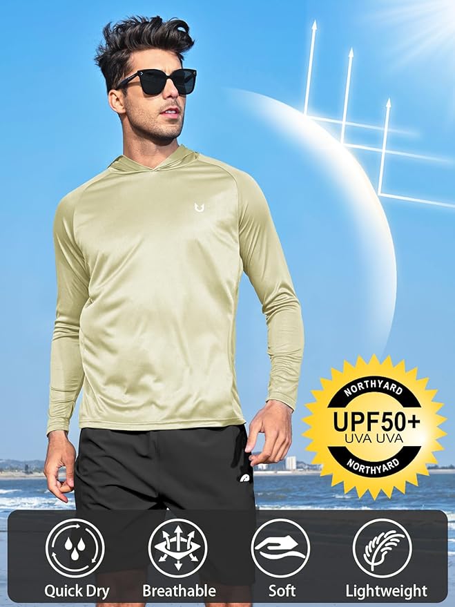 NORTHYARD Men's UPF 50+ Hoodie Shirts Long Sleeve Sun Protection Fishing Swim Beach UV SPF Rash Guard Quick Dry Lightweight