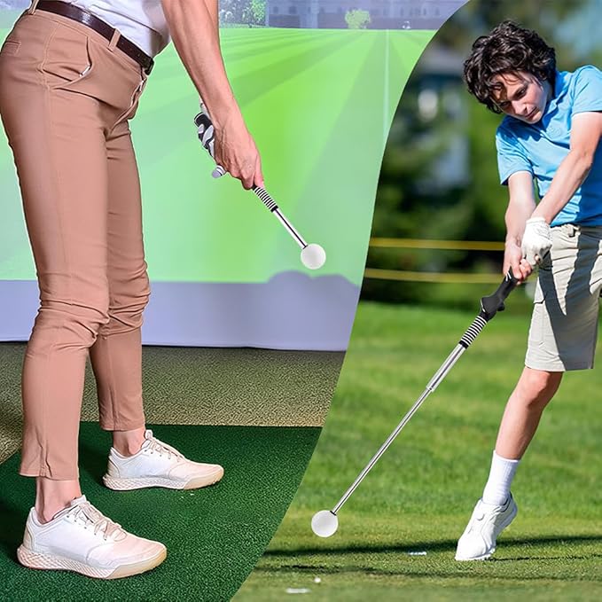 Retractable Golf Swing Training Aid, Strength & Tempo Training for Chipping Hitting, Portable Rhythm Click Sound Warm Up Golf Swing Trainer with Arm Band for Indoor Outdoor Use