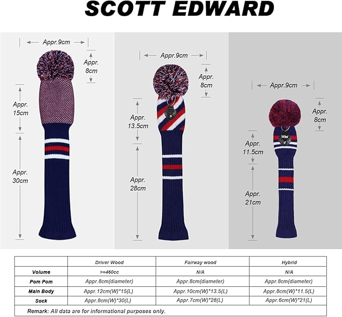 Scott Edward Knit Golf Head Covers for Woods Set of 3 Fits Well Driver(460cc) Fairway Wood and Hybrid(UT) The Perfect Change for Golf Bag