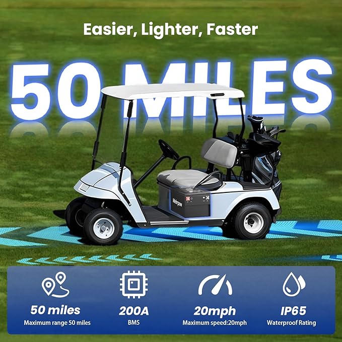 36V 100Ah lithium battery with Bluetooth 200A battery management system and LCD display, supporting over 6,000 charge/discharge cycles and a 25A charger, specifically designed for golf carts.
