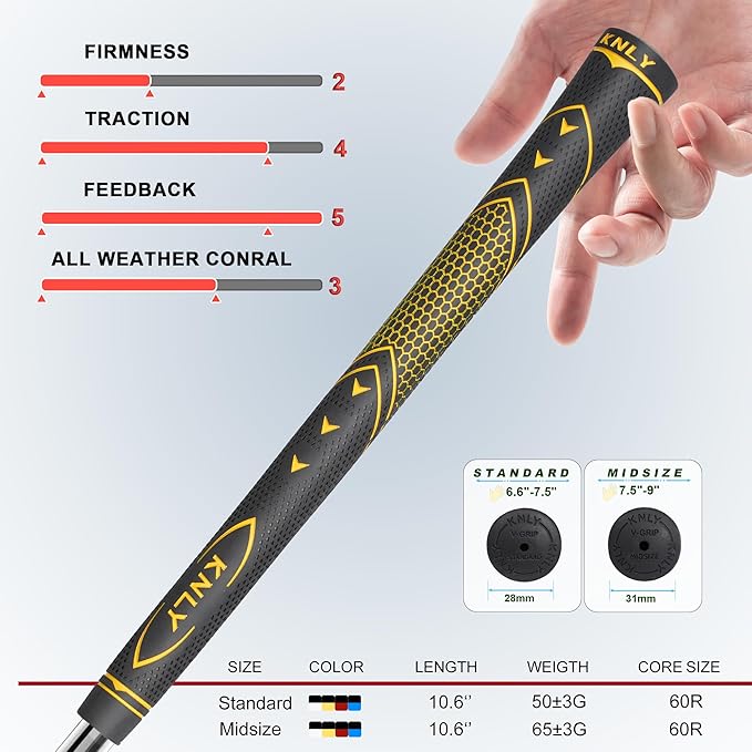 KNLY Golf Grips Set of 13 - High Traction and High Feedback Rubber Golf Club Grips with Anti-Slip and All Weather Performance，13 Grips with 15 Tapes and 13 Grips with All Repair Kits for Choice.