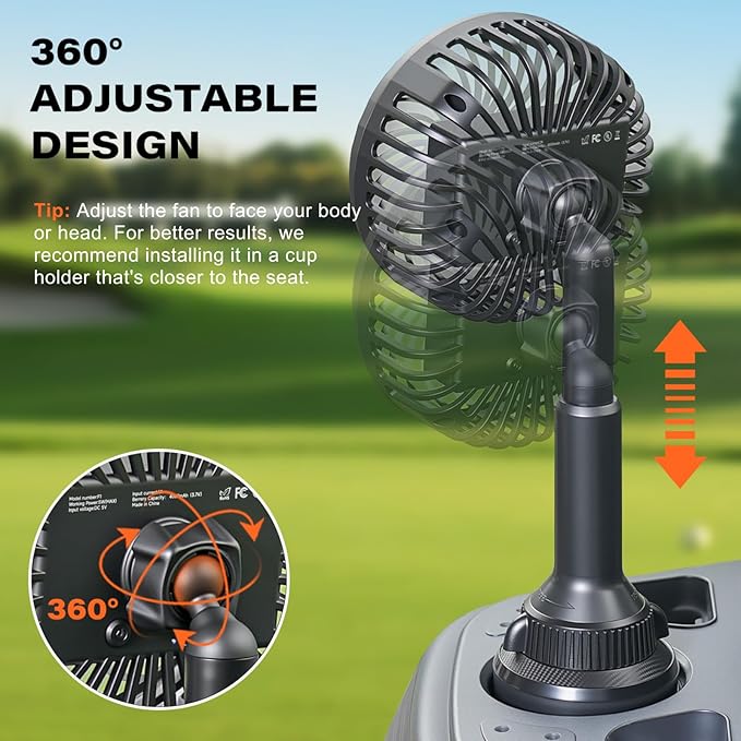 A2C Golf Cart Fan Rechargeable, Cup Holder Base Battery Operated Cooling Fan, 3 Speeds Powerful Airflow Compatible with EZGO, Club Car, Yamaha, 360° Rotatable Golf Cart Accessories