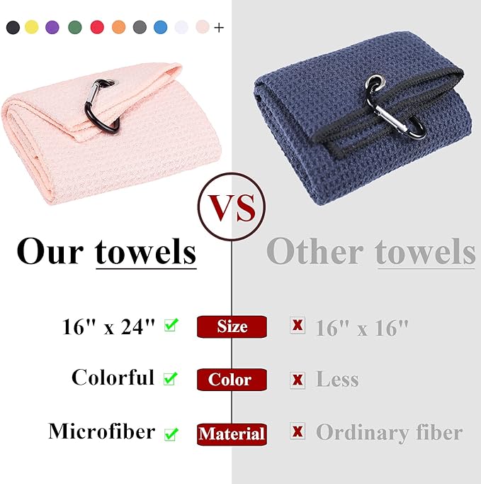 VIVIDLY 2 Pack Tri-fold Golf Towels, Premium Microfiber Fabric Waffle Pattern with Black Heavy Duty Carabiner Clip, Pink Golf Towels for Golf Bags for Men (Pink)