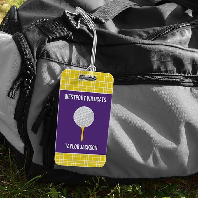 ChalkTalkSPORTS Golf Luggage & Bag Tag | Personalized Team with Golf Ball | Standard Lines on Back | Large | Yellow/Purple