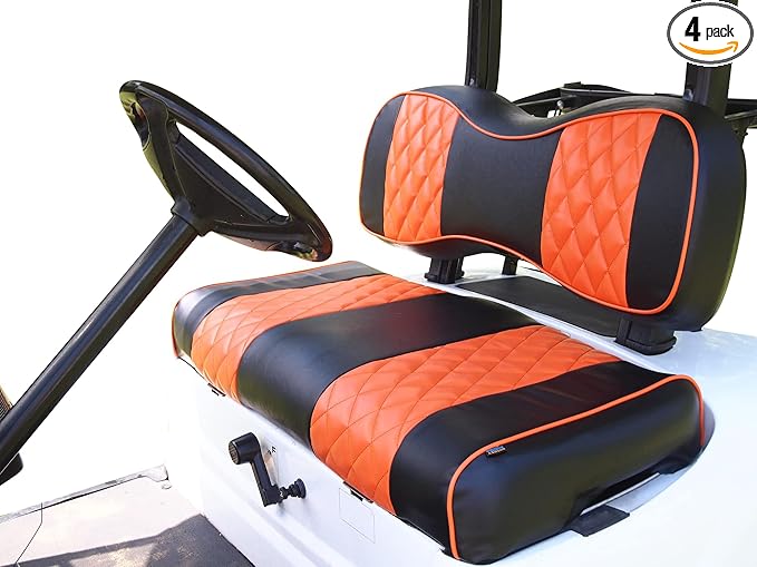 Huskey 4PCS Golf Cart Front/Rear Seat Covers for EZGO Medalist/TXT 94-13 Custom Two-Tone Black/Orange Diamond Stitching with Orange Piping, Marine Grade Vinyl Material, Staple on Design