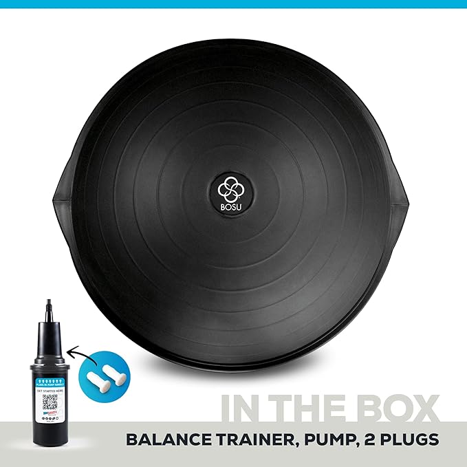 Bosu Balance Ball Exercise Trainer, Home Gym Equipment w/ Guided Workouts & Pump, 26", Blue - Inflatable Fitness Platform for Strength Training, Standing, Balancing, and Core Workout