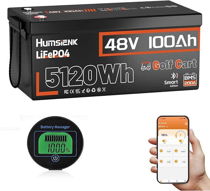 HumsiENK 48V 100Ah Golf Cart LiFePO4 Lithium Battery with Bluetooth Group 8D, 15000+ Deep Cycle Battery, Built-in 200A BMS with Low-Temp Protection Golf Cart Accessories