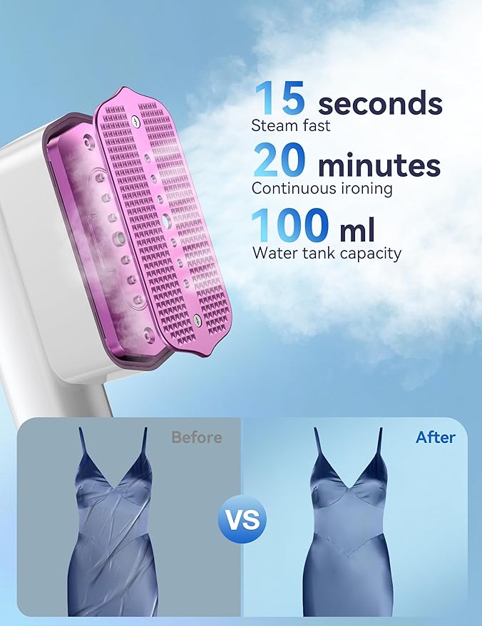 Steamer for Clothes, Sundu Portable 2-in-1 Steamer & Iron, 15s Fast Heat-up, 100ml Water Tank, Ironing Gloves, 20 Min Continuous Steam, Wrinkle Remover for Garment, Travel & Home Use (Purple White)
