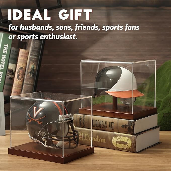 JupDec Mini Helmet Display Case, Acrylic Clear 1/2 Football Helmet Showcase, UV Protection Souvenirs and Collectibles Box with Solid Wood Base & Riser, Ideal Gift for Sports Enthusiast, 2 Pack