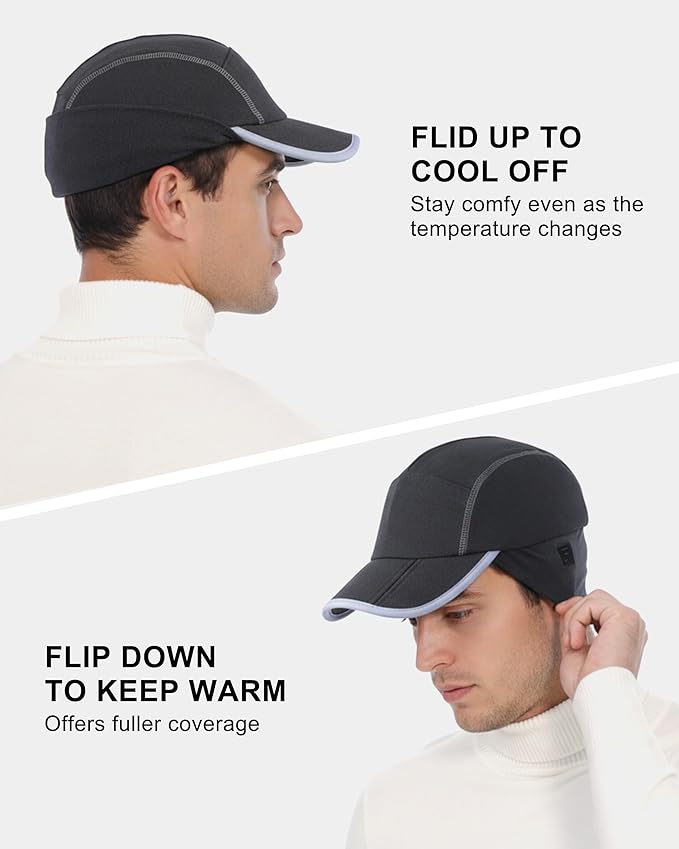 GADIEMKENSD Fleece Ball Cap with Drop Down Ear Warmer, Foldable Brim, Reflective Winter Run Hat Unisex