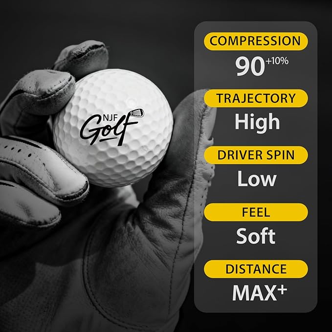 NJF Golf™ XLD Extreme Long Distance Golf Balls Soft Feel, 5 Pack 2-Piece Long Drive Low Spin Balls for Men and Women, Armor-Grade Surlyn Cover, Ultra-Power Core, High Launch 90 Compression