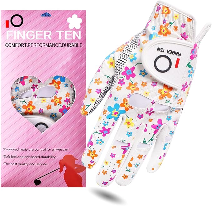 FINGER TEN Ladies Golf Gloves Left Right Hand 1 Pack, Golf Glove for Women's Golfer Lh Rh All Weather Grip, Size Fit Small Medium Large XL
