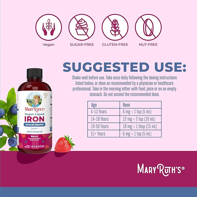 Iron Supplement for Women Men & Kids | Liquid Iron Supplement for Women Men & Kids | Iron for Healthy Blood & Oxygen | Ages 4 & Up | Sugar Free | Vegan | Non-GMO | Gluten Free | 16 Fl Oz