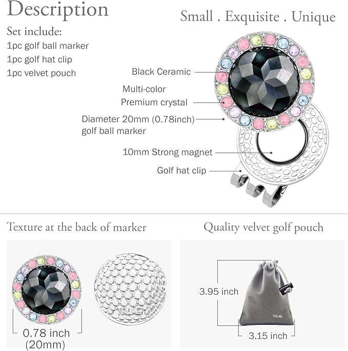 Golf Ball Marker Hat Clip with Ceramic Crystal Ball Marker (20mm Small Size) Gifts Accessories for Golfers