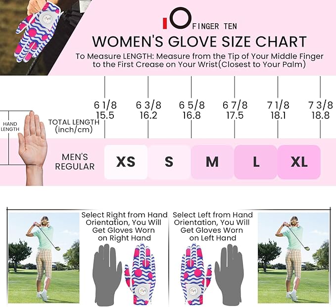 FINGER TEN Stylish Golf Gloves Women with Ball Marker 1 Pack for Left or Right Hand, Breathable Glove with Fashion Patterns for Ladies Right Left Handed Golfer