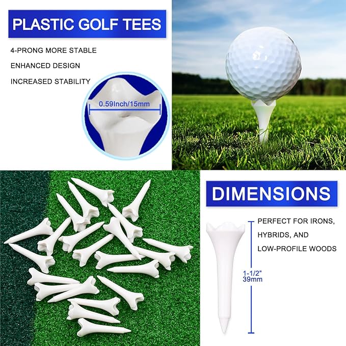 1 1/2'' Plastic Golf Tees – Short Tees for Irons, Par Threes, Hybrids, and Driving Range - Pack of 120 Bulk 4 Prongs Plastic Golf Tees Performance Series Low Resistance Golf Tee White