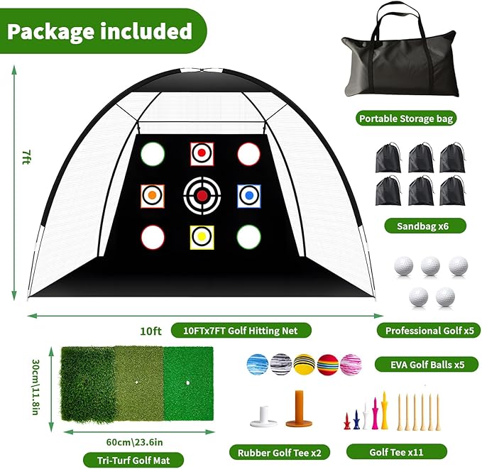 Golf Net Set with Tri-Turf Mat 10x7FT Golf Practice Net for Indoor Outdoor Training, Portable Golfs Accessories for Men, for Men & Lovers