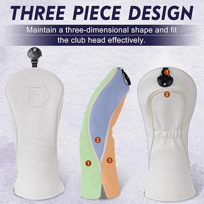 Golf Club Head Covers for Woods and Drivers, Premium PU Leather Striped Simple Golf Club Covers, Golf Headcovers Set All White, Customizable