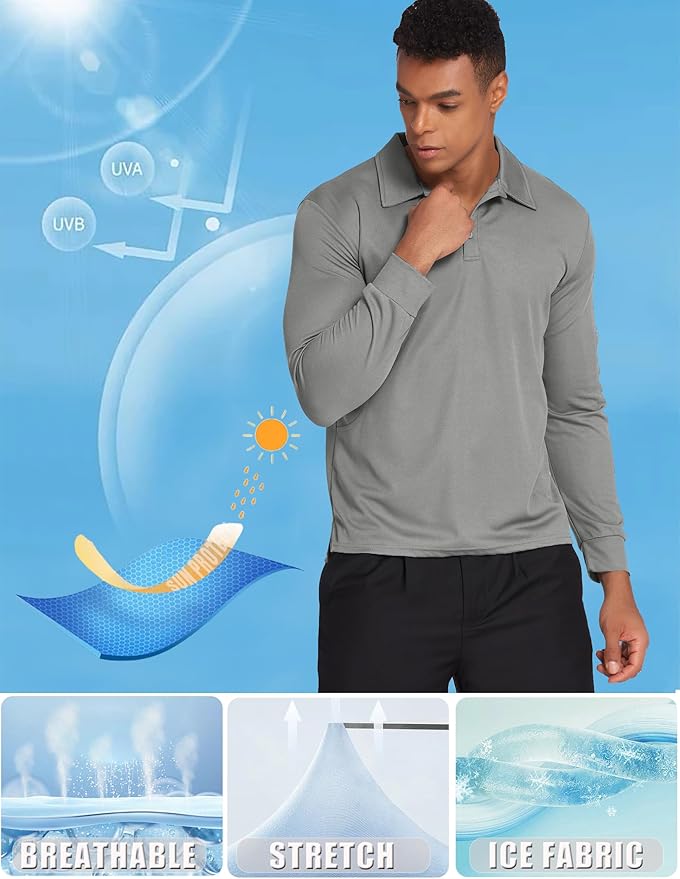 Deyeek Men's Polo Shirts Long Sleeve Golf Polo Shirts for Men Quick Dry UPF 50+ Sun Protection Polos Casual Collared Shirts