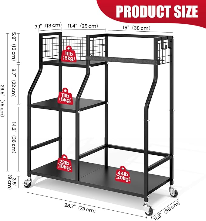 TOOLF Golf Bag Organizer, Golf Club Storage with Wheels, Sturdy Metal Golf Bag Holder Stand for Home, Garage, Outdoor, Includes 4 Storage Sections & Removable Hooks