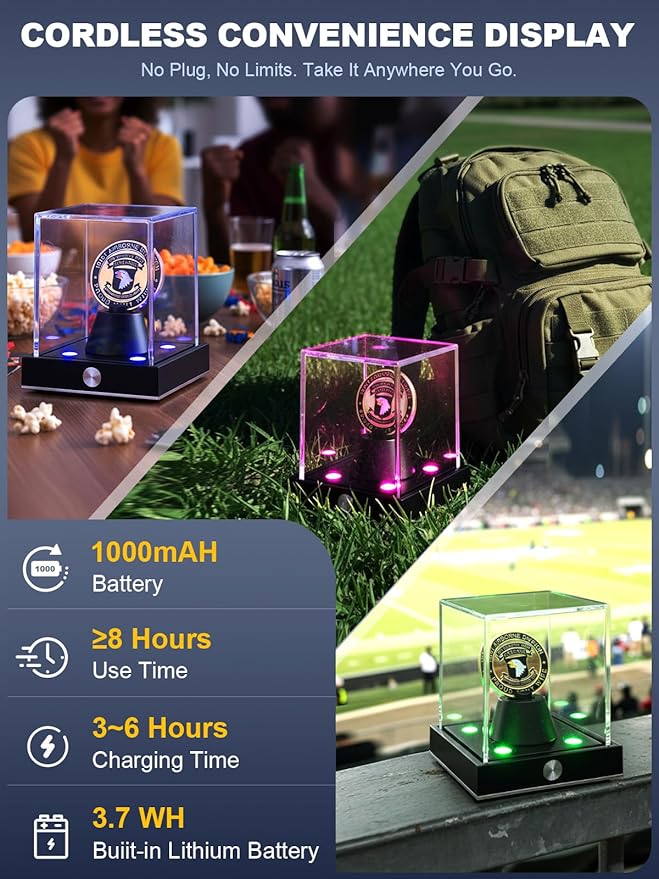 JupDec Cordless LED Challenge Coin Display Case, Clear Acrylic Single Silver Dollar Holder with 10 Color Light up, Autograph Coin Showcase with Memory Function, Ideal Gift for Sports Fans