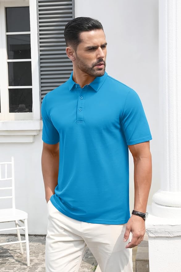 MAGCOMSEN Men's Polo Shirts Short Sleeve Cotton Pique 3 Button Classic Fit Casual T-Shirt Performance Golf Shirts