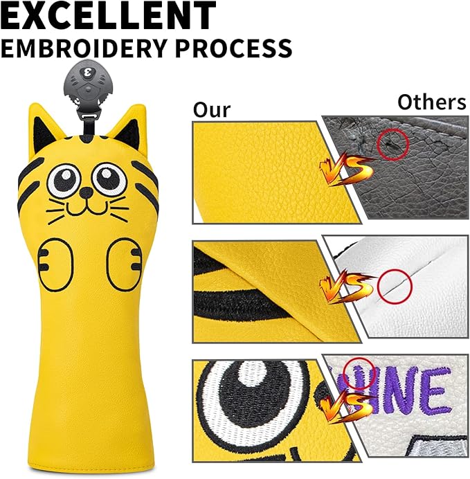 Golf Kitty Head Cover Golf Club White Leather Headcovers 1pc/4pcs Set Fits Driver Fairway Wood Hybrid Utility Putter Iron Wedge Headcover.